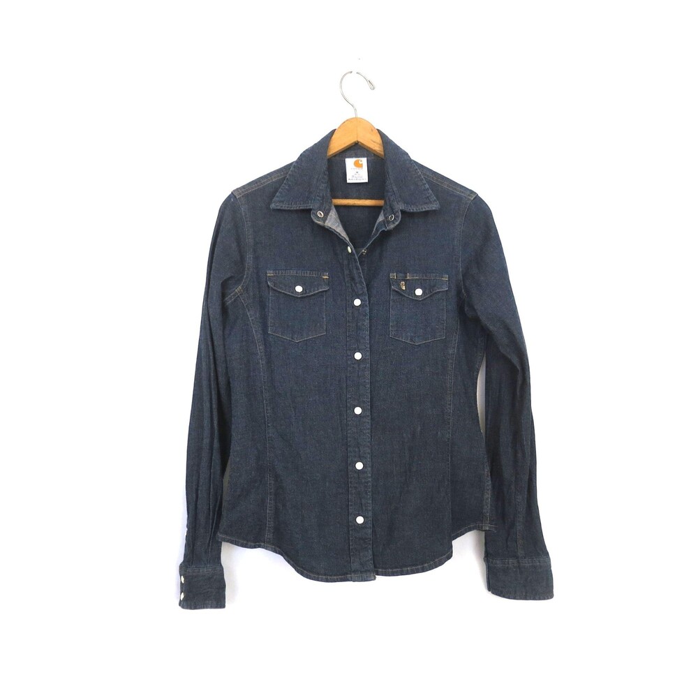 Carhartt Pearl Snap Denim Dark Blue Jean Western Cowboy Shirt Womens Size Medium